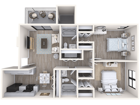 A 3D rendered image of a small apartment layout.